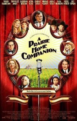 a film poster for A Prairie Home Companion featuring the photographs of all the cast members around a microphone