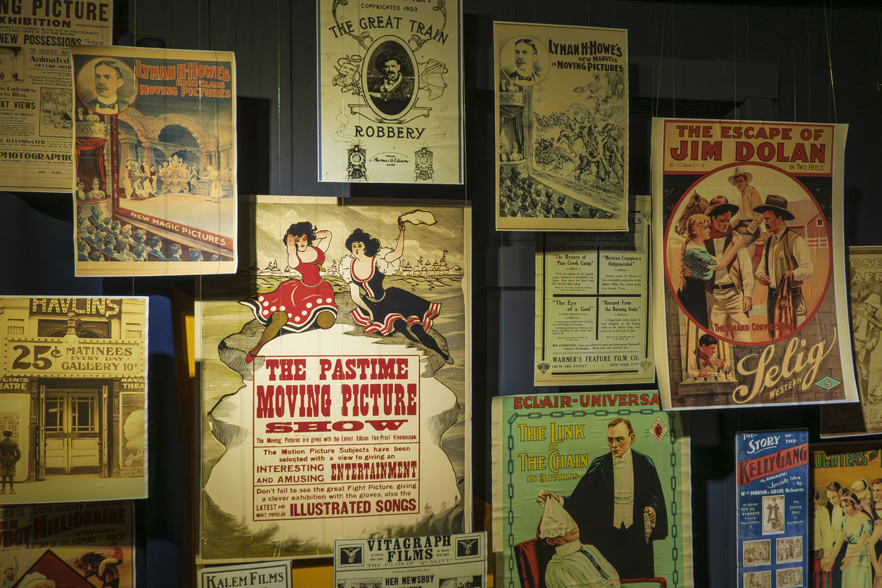 vintage movie posters on a wall
