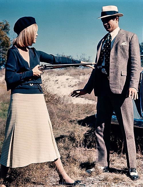 Promo photo of Warren Beatty and Faye Dunaway as the title characters in the 1967 film Bonnie and Clyde