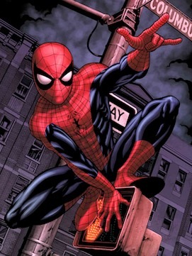 A drawing of Spider-Man crouched, looking up to the camera