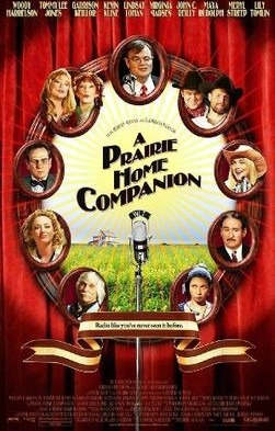 a film poster for A Prairie Home Companion featuring the photographs of all the cast members around a microphone