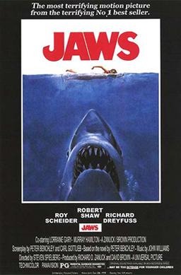 Jaws (1975) movie poster showing a swimming woman. Below is a shark