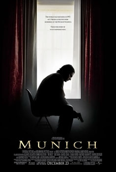 Munich movie poster showing silhouette of a man sitting alone in a chair holding a gun