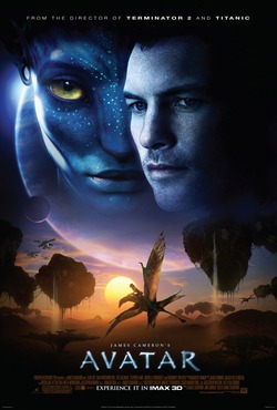 faces of a man and a female blue alien with yellow eyes, with a giant planet and a moon in the background