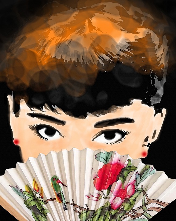 portrait painting of Audrey Hepburn, a fan covering her face,