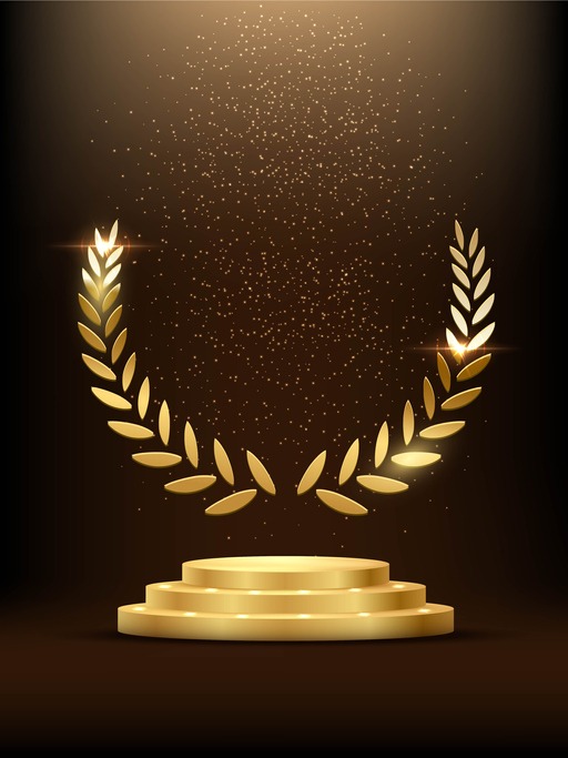 Golden podium with laurel glowing. Gold stage with glitter and light fog on dark background. Hollywood fame in film and cinema or championship in sport vector illustration